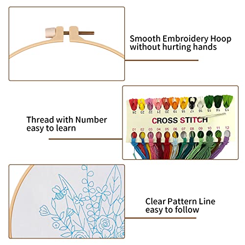 Nuberlic 3 Sets Stamped Embroidery Starter Kit with Instruction for Adults Beginners, Cross Stitch Kits Include Embroidery Needlepoint Cloth Hoops Needles and Threads