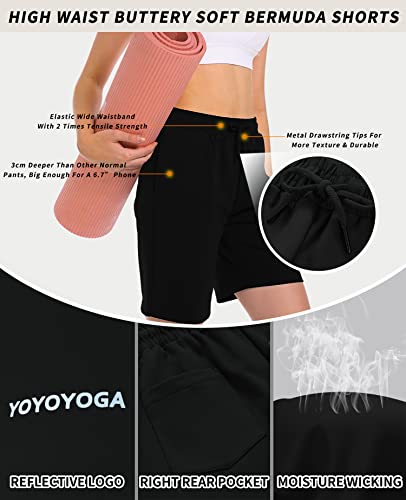 YOYOYOGA Women Bermuda Shorts 8 Way High Stretch Yoga Shorts Athletic Workout Running Shorts Lounge Casual with Deep Pockets Black L