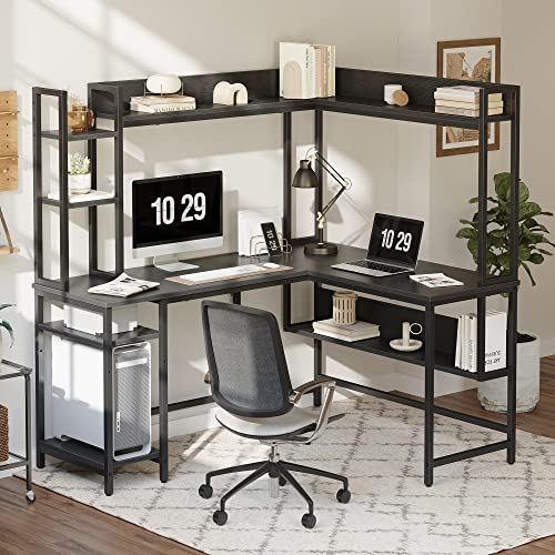 CubiCubi L-Shaped Desk with Hutch, 60" Corner Computer Desk, Large Home Office Desk with Bookshelf and Storage Shelves, Space-Saving, Black