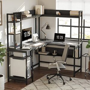 CubiCubi L-Shaped Desk with Hutch, 60" Corner Computer Desk, Large Home Office Desk with Bookshelf and Storage Shelves, Space-Saving, Black