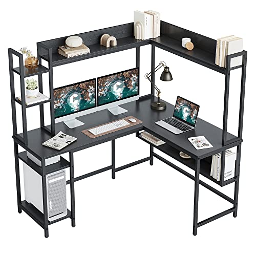 CubiCubi L-Shaped Desk with Hutch, 60" Corner Computer Desk, Large Home Office Desk with Bookshelf and Storage Shelves, Space-Saving, Black