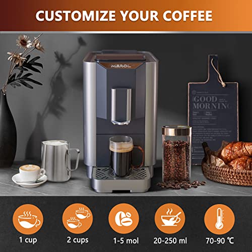 MEROL Super Automatic Espresso Coffee Machine, 19 Bar Barista Pump Coffee Maker with Adjustable Grinder, Touch Screen, Silver