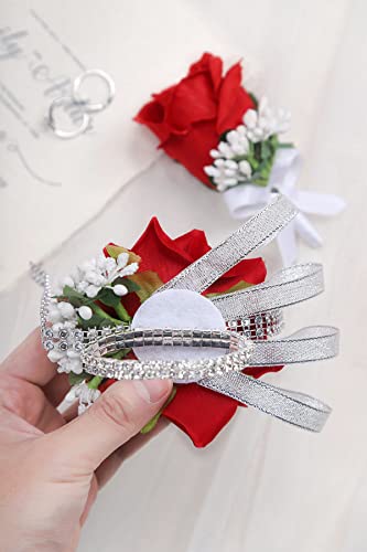 Aivanart Corsage and Boutonniere Set for Weddings，Burgundy Red Artificial Flower Wristlet Boutineers for Bride Shower Prom Formal Dinner Party Anniversary