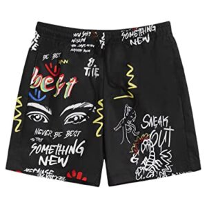 WDIRARA Men's Graphic Print Colorblock Drawstring Waist Active Pocket Shorts Black L