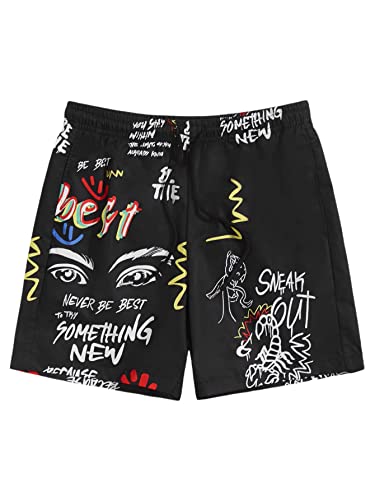 WDIRARA Men's Graphic Print Colorblock Drawstring Waist Active Pocket Shorts Black L