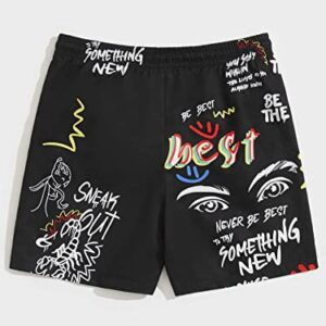 WDIRARA Men's Graphic Print Colorblock Drawstring Waist Active Pocket Shorts Black L