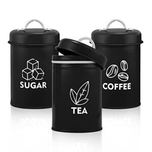 e-far canister sets for kitchen counter, 3-piece metal coffee sugar tea canister with airtight lid for food storage, farmhouse style & small size (6.1” x 4”)-black