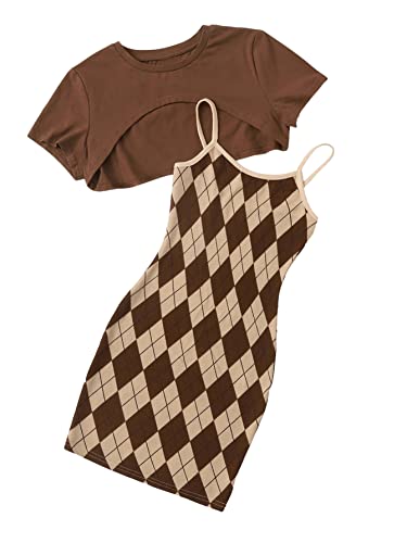 SweatyRocks Girl's 2 Piece Outfits Argyle Print Cami Mini Dress with Short Sleeve Crop Tee Brown 8Y