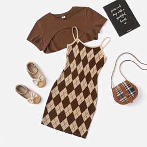 SweatyRocks Girl's 2 Piece Outfits Argyle Print Cami Mini Dress with Short Sleeve Crop Tee Brown 8Y