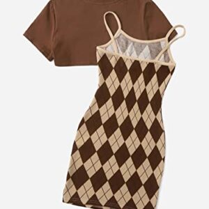 SweatyRocks Girl's 2 Piece Outfits Argyle Print Cami Mini Dress with Short Sleeve Crop Tee Brown 8Y