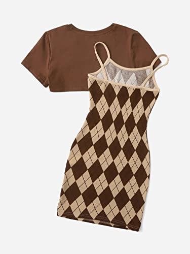 SweatyRocks Girl's 2 Piece Outfits Argyle Print Cami Mini Dress with Short Sleeve Crop Tee Brown 8Y