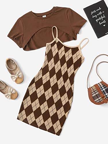 SweatyRocks Girl's 2 Piece Outfits Argyle Print Cami Mini Dress with Short Sleeve Crop Tee Brown 8Y