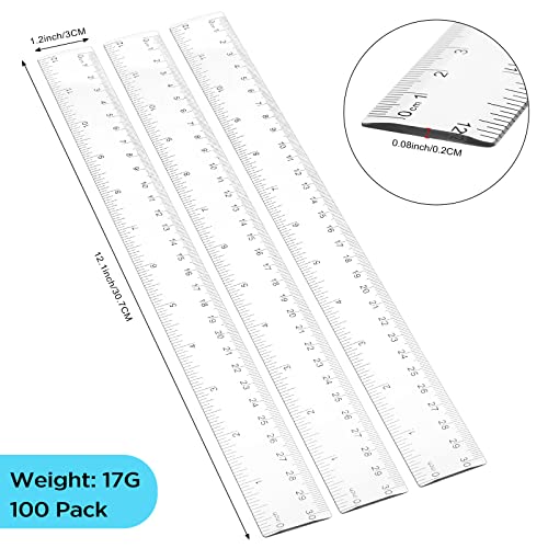 100 Pieces 12 Inch Ruler Bulk Clear Plastic Flexible Rulers with Centimeters and Inches Kids Ruler Straight Metric Ruler Drafting Measuring Tool for Classroom School Students Families Education