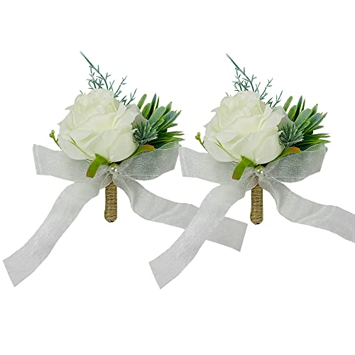 Set of 2 Rose Boutonnieres and Rose Wrist Corsage Men Boutonniere Set Woman White Rose Wrist Corsage Wristlet Band Bracelet for Wedding Suit Decorations (Boutonnieres)