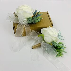 Set of 2 Rose Boutonnieres and Rose Wrist Corsage Men Boutonniere Set Woman White Rose Wrist Corsage Wristlet Band Bracelet for Wedding Suit Decorations (Boutonnieres)