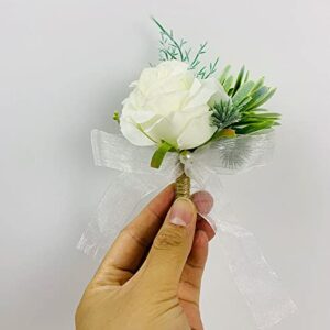 Set of 2 Rose Boutonnieres and Rose Wrist Corsage Men Boutonniere Set Woman White Rose Wrist Corsage Wristlet Band Bracelet for Wedding Suit Decorations (Boutonnieres)