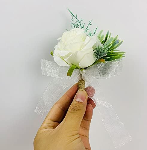 Set of 2 Rose Boutonnieres and Rose Wrist Corsage Men Boutonniere Set Woman White Rose Wrist Corsage Wristlet Band Bracelet for Wedding Suit Decorations (Boutonnieres)