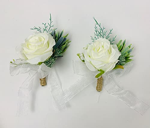 Set of 2 Rose Boutonnieres and Rose Wrist Corsage Men Boutonniere Set Woman White Rose Wrist Corsage Wristlet Band Bracelet for Wedding Suit Decorations (Boutonnieres)