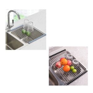 seropy roll up dish drying rack over the sink for kitchen organizer rolling dish rack over sink mat, foldable dish drainer stainless steel sink rack kitchen organization gadgets gray and black