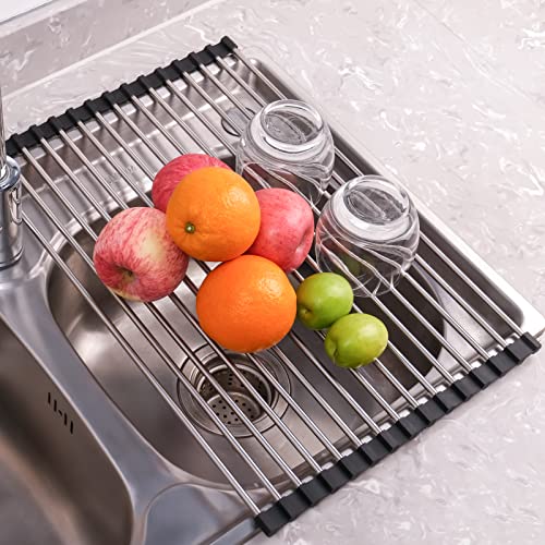 Seropy Roll Up Dish Drying Rack Over The Sink for Kitchen Organizer Rolling Dish Rack Over Sink Mat, Foldable Dish Drainer Stainless Steel Sink Rack Kitchen Organization Gadgets Gray and Black