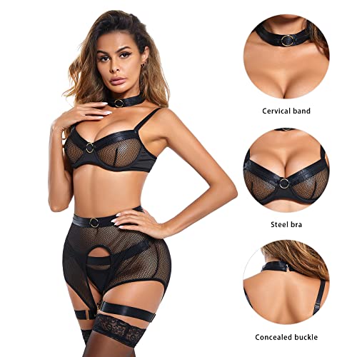 ADSEXY Women's Exotic Lingerie Sets Fishnet Latex Push Up High Waisted Garter Sexy Strappy Bodysuits 4 Pieces Naughty