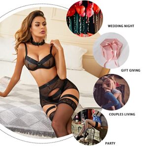 ADSEXY Women's Exotic Lingerie Sets Fishnet Latex Push Up High Waisted Garter Sexy Strappy Bodysuits 4 Pieces Naughty