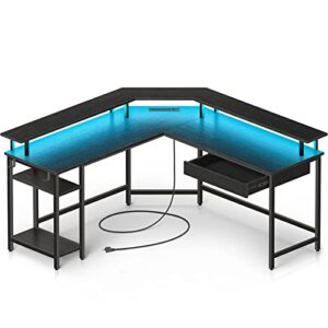 rolanstar l shaped gaming desk with drawer, 55.1" reversible computer desk with power outlets & led lights, home office desk with monitor stand & storage shelf, corner desk with hooks black