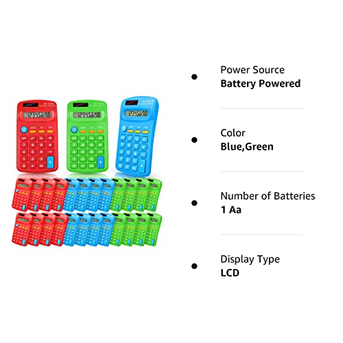 30 Pack Pocket Calculator Small Battery Powered Calculator Bulk Mini Size 4 Function Calculator Hand Held Basic Calculator for Students Kids School Home Office (Green, Red, Blue)