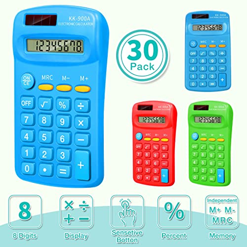 30 Pack Pocket Calculator Small Battery Powered Calculator Bulk Mini Size 4 Function Calculator Hand Held Basic Calculator for Students Kids School Home Office (Green, Red, Blue)