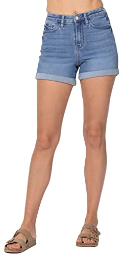 Judy Blue Women's High Rise Open Seam Cuffed Shorts (Medium, Light Blue) 26 Regular