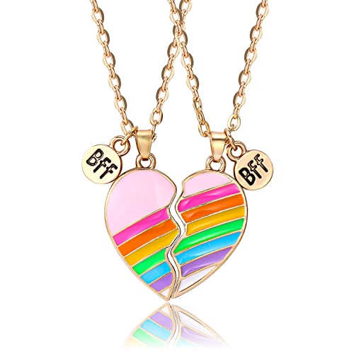 LEBOCADO 2 Pieces Rainbow Necklace, Half Heart BFF Friendship Necklaces Best Friends Forever Necklaces Pendant Gifts for Girls Women Couples