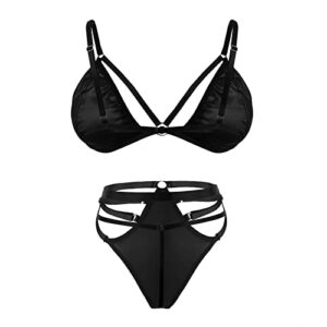 Zzalalana Sexy Lingerie for Women Sex Naughty See Through 3 Piece Lingerie Set Floral Lace Exotic Bra and Panty Sets with Garter Belt Sluttly Lingerie for Sex Game 93T Black