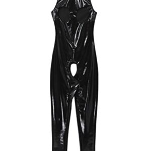 easyforever Women Sexy Hollow Out Bodysuit Lingerie Clubwear Patent Leather Invisible Zipper Latex Catsuit Black Small