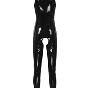 easyforever Women Sexy Hollow Out Bodysuit Lingerie Clubwear Patent Leather Invisible Zipper Latex Catsuit Black Small