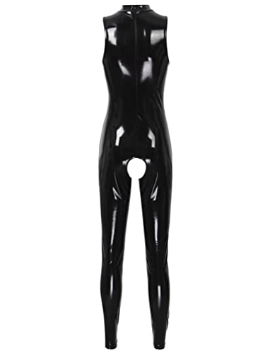 easyforever Women Sexy Hollow Out Bodysuit Lingerie Clubwear Patent Leather Invisible Zipper Latex Catsuit Black Small