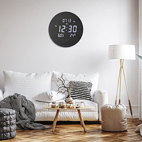 TOSTOG Digital Wall Clock Silent Kitchen Clock Non Ticking Wall Clock,12 Inch LED Wall Clocks with Display of Time/Date/and Temperature/Humidity,Three Modes for Choose