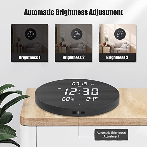 TOSTOG Digital Wall Clock Silent Kitchen Clock Non Ticking Wall Clock,12 Inch LED Wall Clocks with Display of Time/Date/and Temperature/Humidity,Three Modes for Choose