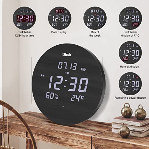 TOSTOG Digital Wall Clock Silent Kitchen Clock Non Ticking Wall Clock,12 Inch LED Wall Clocks with Display of Time/Date/and Temperature/Humidity,Three Modes for Choose