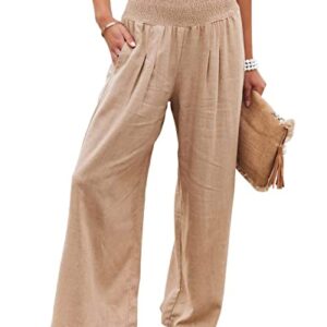 Vansha Women Summer High Waisted Cotton Linen Palazzo Pants Wide Leg Long Lounge Pant Trousers with Pocket Khaki S