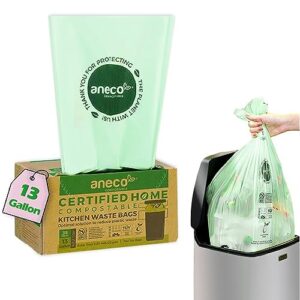 aneco 100% compostable trash bags 13 gallon, 35 count, extra thick kitchen compost bags, large compostable bags for tall kitchen bin (pack of 1)