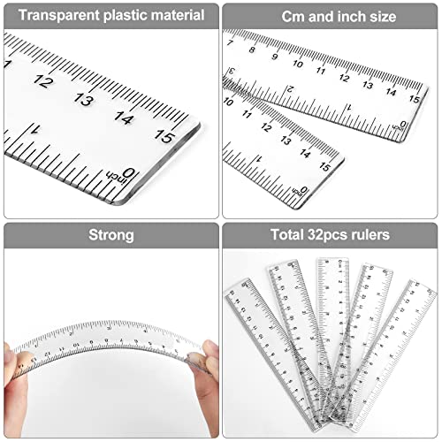 32 Packs 6 Inch Rulers Small Ruler Assorted Colors Small Plastic Rulers with Inches and Centimeters Mini Rulers for Kids Students School Classroom Office Supplies (Clear)