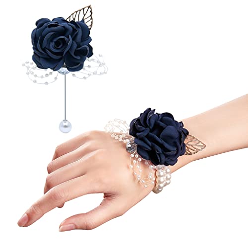 ARTFLWS Rose Wrist Corsage Boutonniere Set,Wrist Flower Corsage Wristlet Band Bracelets and Men's Boutonniere for Wedding Flowers Accessories Prom Suit Decor