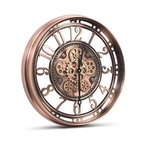 clxeast moving gear wall clock for modern living room decor, large industrial clock with steampunk gears, big arabic numerals, rose gold metal for office, bronze copper (21 inch)