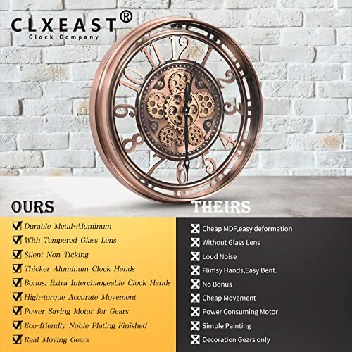 CLXEAST Moving Gear Wall Clock for Modern Living Room Decor, Large Industrial Clock with Steampunk Gears, Big Arabic Numerals, Rose Gold Metal for Office, Bronze Copper (21 Inch)