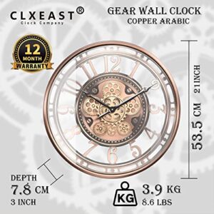 CLXEAST Moving Gear Wall Clock for Modern Living Room Decor, Large Industrial Clock with Steampunk Gears, Big Arabic Numerals, Rose Gold Metal for Office, Bronze Copper (21 Inch)