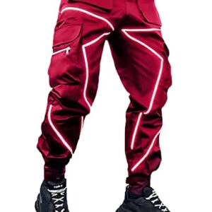 Nutriangee Men's Punk Rock Street Harem Pants, Reflective Technical Hip Hop Jogger Sport Pants Red Large