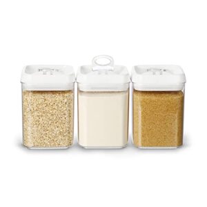 felli flip tite large acrylic food storage container 3pc baking set with 5” air tight seal lid easy lock square, kitchen pantry organization plastic canister jar organizing rice flour sugar protein powder oat dog treat organizer, gift for women (1.8qt, wh