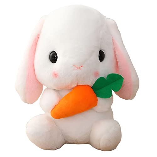 HOUPU Soft Toy - Sitting Lop Eared Rabbit, Easter White Rabbit Stuffed Bunny Animal with Carrot Soft Lovely Realistic Long-Eared Standing Pink Plush Toys (White-Carrot,8.6in/22cm)