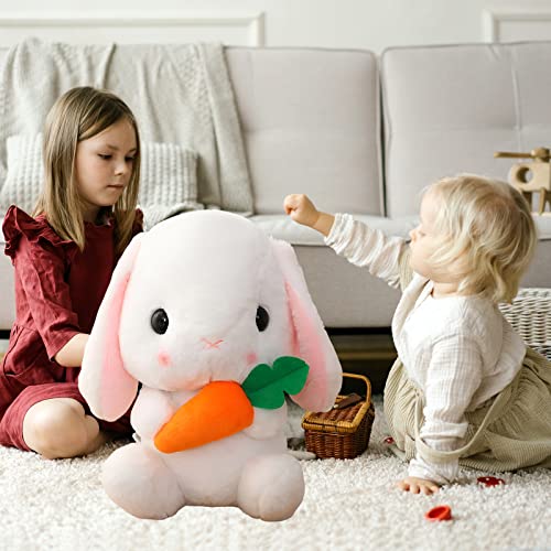 HOUPU Soft Toy - Sitting Lop Eared Rabbit, Easter White Rabbit Stuffed Bunny Animal with Carrot Soft Lovely Realistic Long-Eared Standing Pink Plush Toys (White-Carrot,8.6in/22cm)