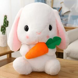 HOUPU Soft Toy - Sitting Lop Eared Rabbit, Easter White Rabbit Stuffed Bunny Animal with Carrot Soft Lovely Realistic Long-Eared Standing Pink Plush Toys (White-Carrot,8.6in/22cm)